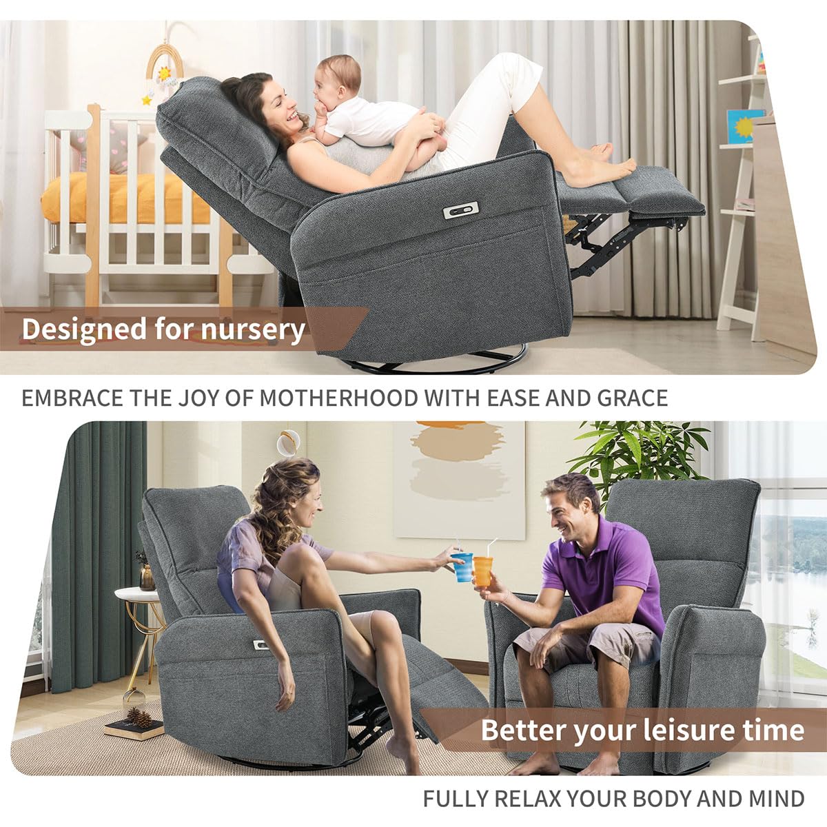 Power Swivel Rocker Recliner Chair with USB, Dark Gray F5795
