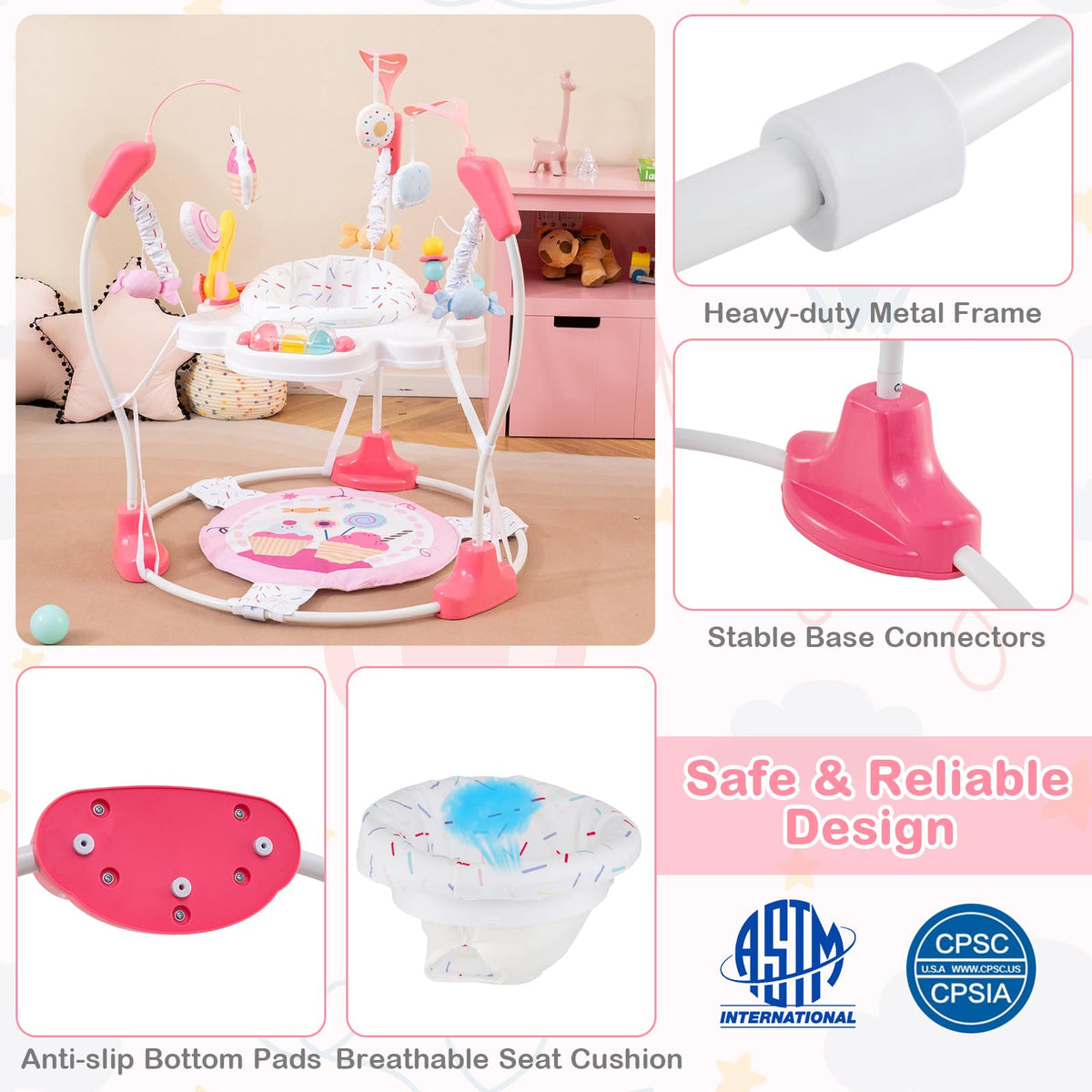Pink Baby Bouncer Activity Center with Music Lights and Sounds Y858014