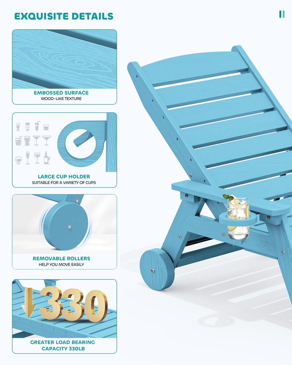 Light Blue Outdoor Lounge Chair Set of 2 with Cup Holder W542