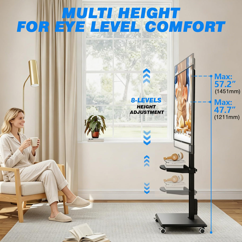Black Mobile TV Stand 32-75 Inch with Power Outlet and Shelf X25934