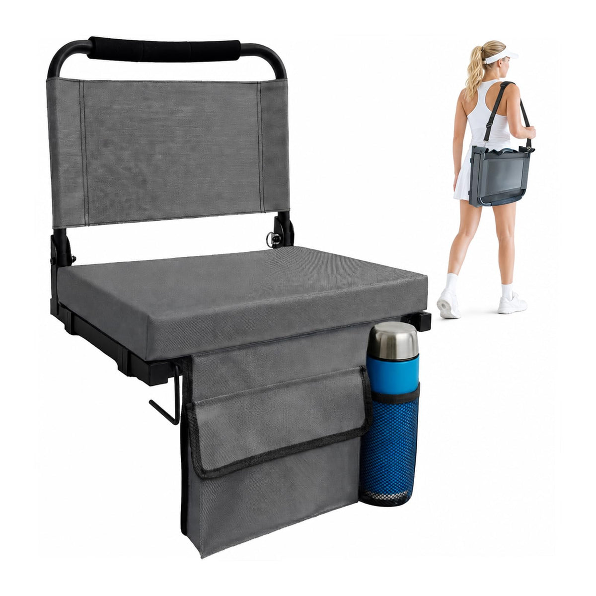 Folding Bleacher Seat with Back Support, Cushion and Shoulder Strap W4743