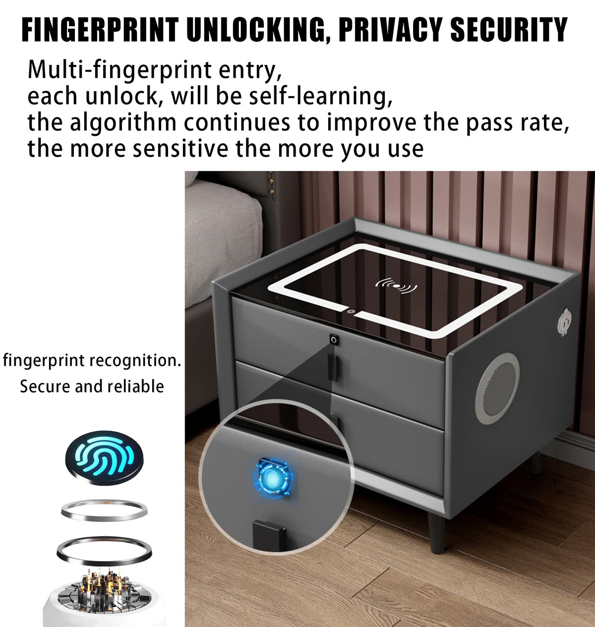 Orange 3 Drawer Wooden Nightstand with Wireless Charging Y707