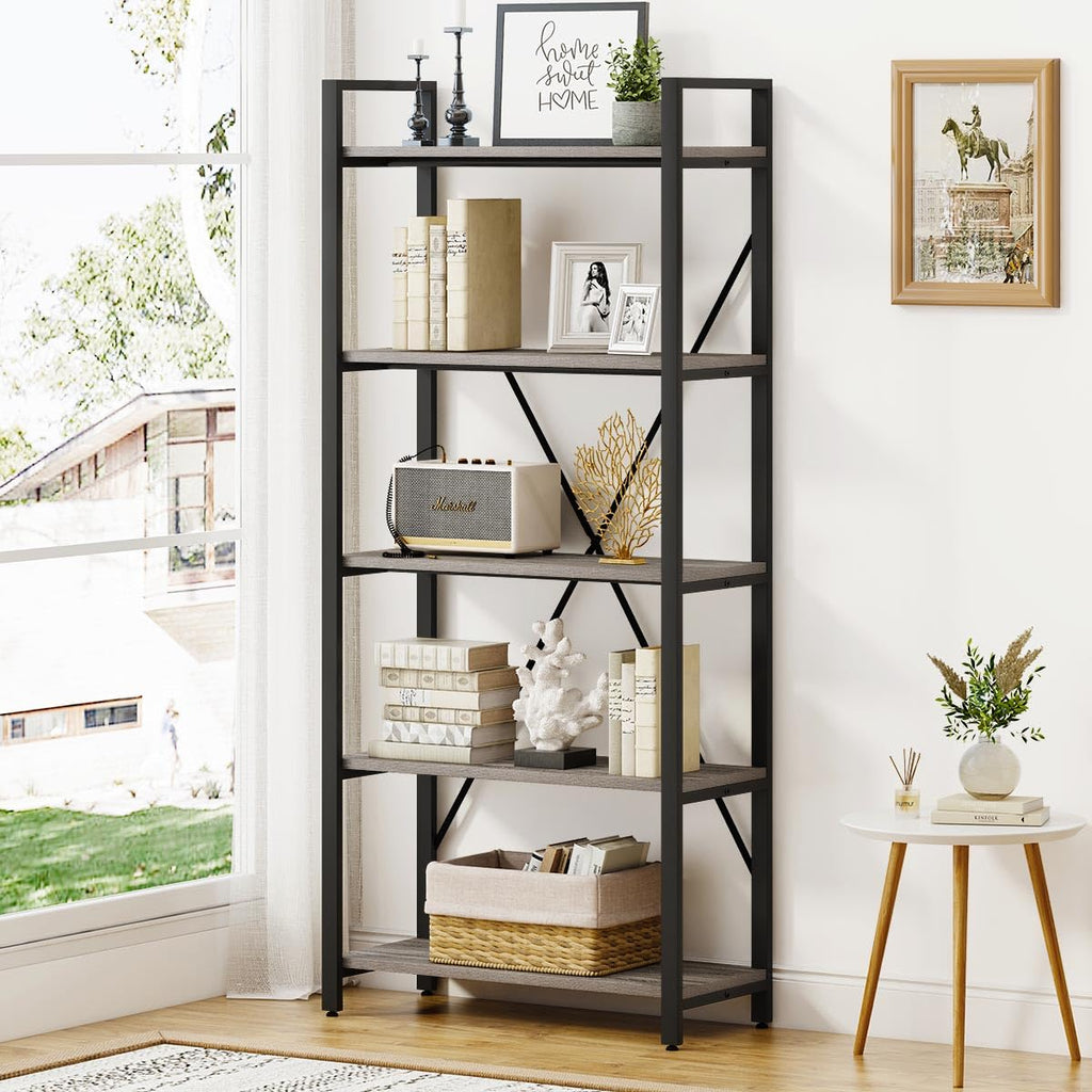 5 Tier Grey Wood and Metal Bookshelf C5523