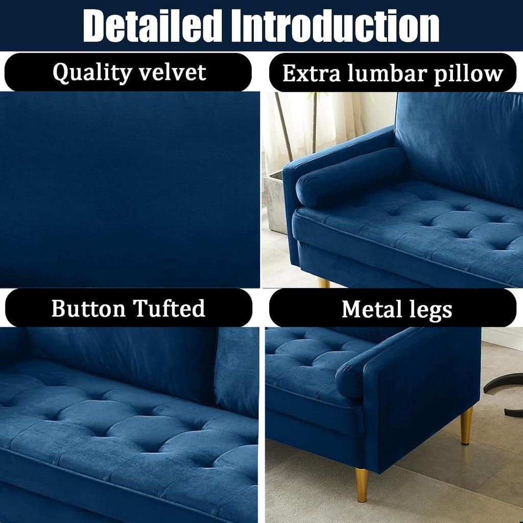 Navy Velvet 2-Seater Loveseat Sofa with Metal Legs Y460488