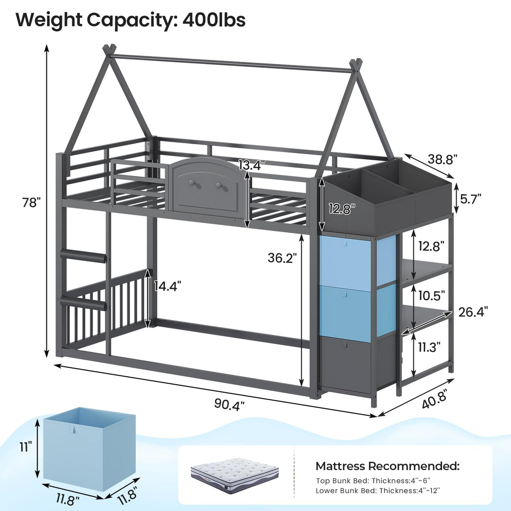 Twin Over Twin Bunk Bed with 3 Storage Drawers and Stairs O4532