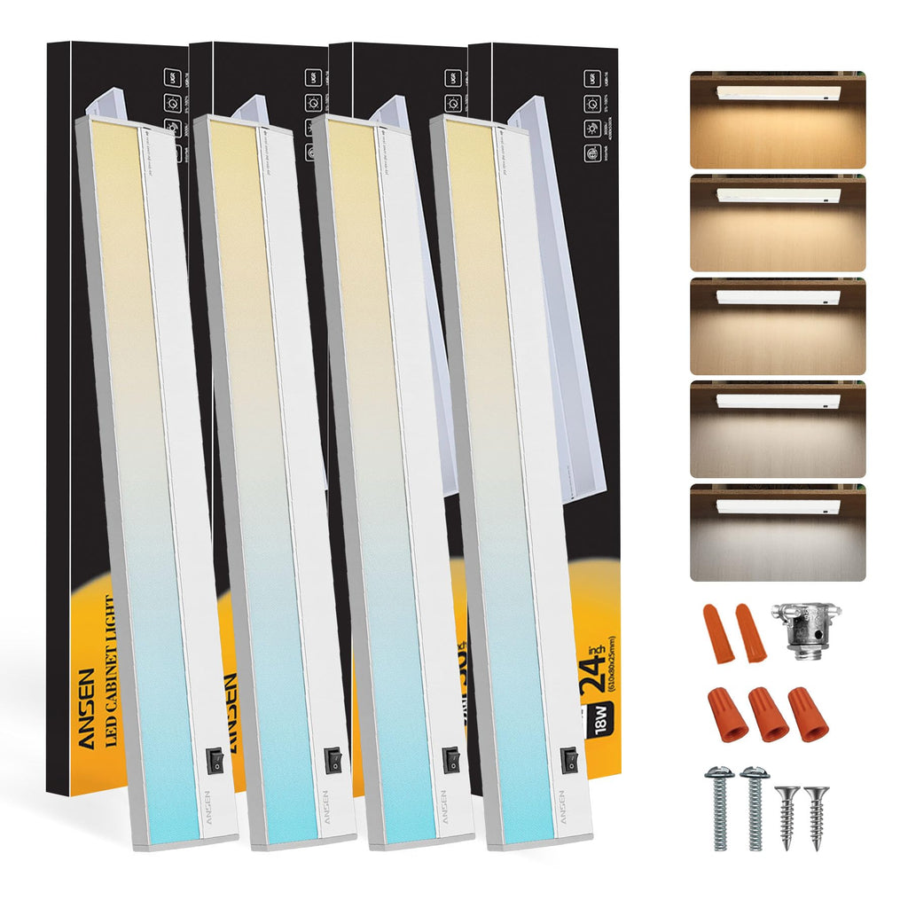 4 Packs Under Cabinet Lighting Hardwired, 24IN 18W Dimmable Led Light, 5 Color Temperature V9983