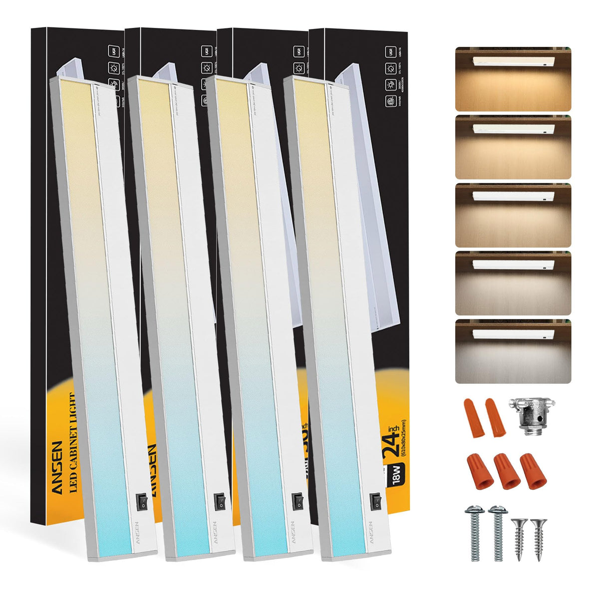 4 Packs Under Cabinet Lighting Hardwired, 24IN 18W Dimmable Led Light, 5 Color Temperature V9983