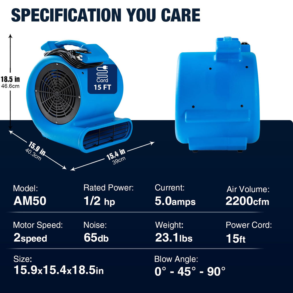 2200 CFM 1/2 HP Commercial Air Mover Floor Drying Fan N604294
