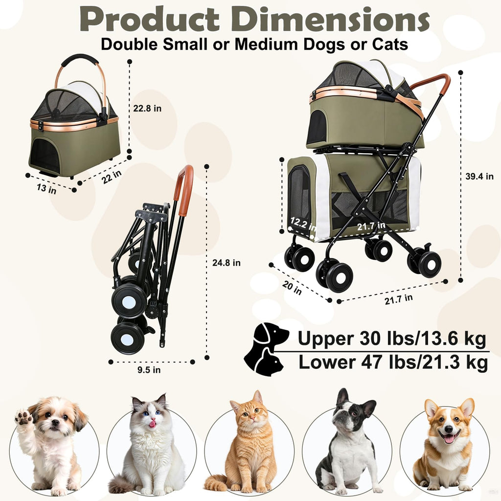 Foldable Double Pet Stroller with Detachable Carriers and 4 Lockable Wheels N8775