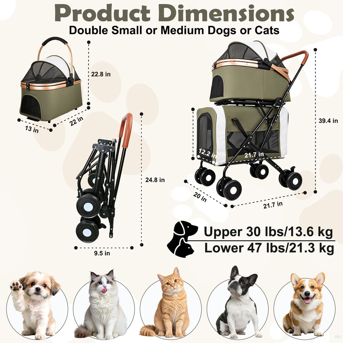 Foldable Double Pet Stroller with Detachable Carriers and 4 Lockable Wheels N8775