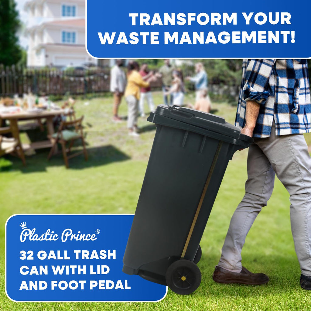 32 Gallon Plastic Trash Can with Wheels and Lid U11542