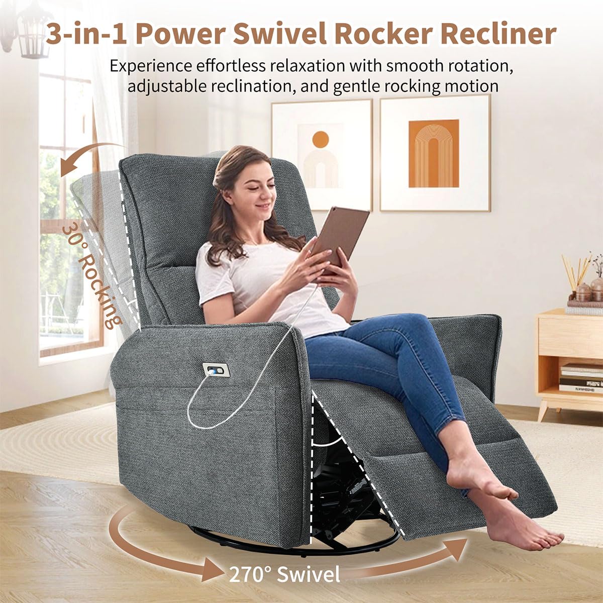 Power Swivel Rocker Recliner Chair with USB, Dark Gray F5795