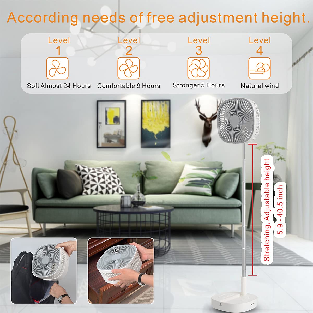 Portable Foldaway Standing Fan 7200Mah Rechargeable Battery Remote Control Telescopic 4 Speed Quiet Timer Gray R4394
