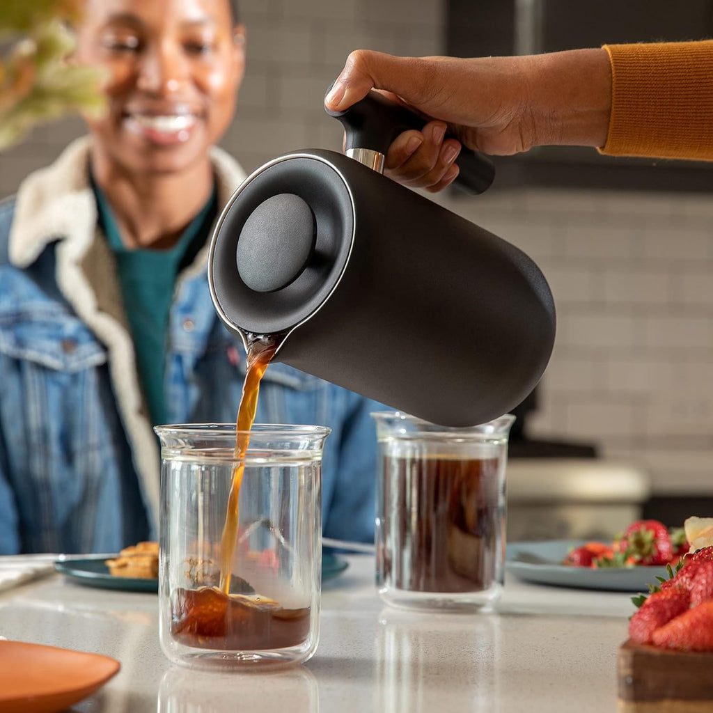 Insulated Coffee Maker with Enhanced Filtration System, Portable French Press Stainless Steel, 24 oz Carafe, Matte Black G652