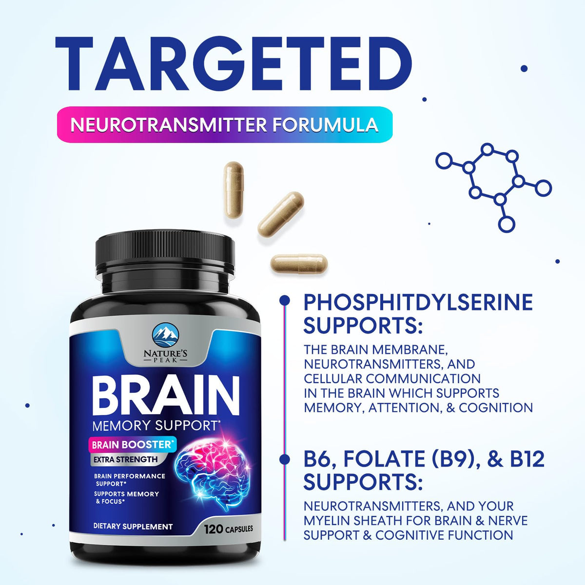 120 Capsules Brain Memory Supplement with Vitamin B6 B12 Folate & Phosphatidylserine F495651