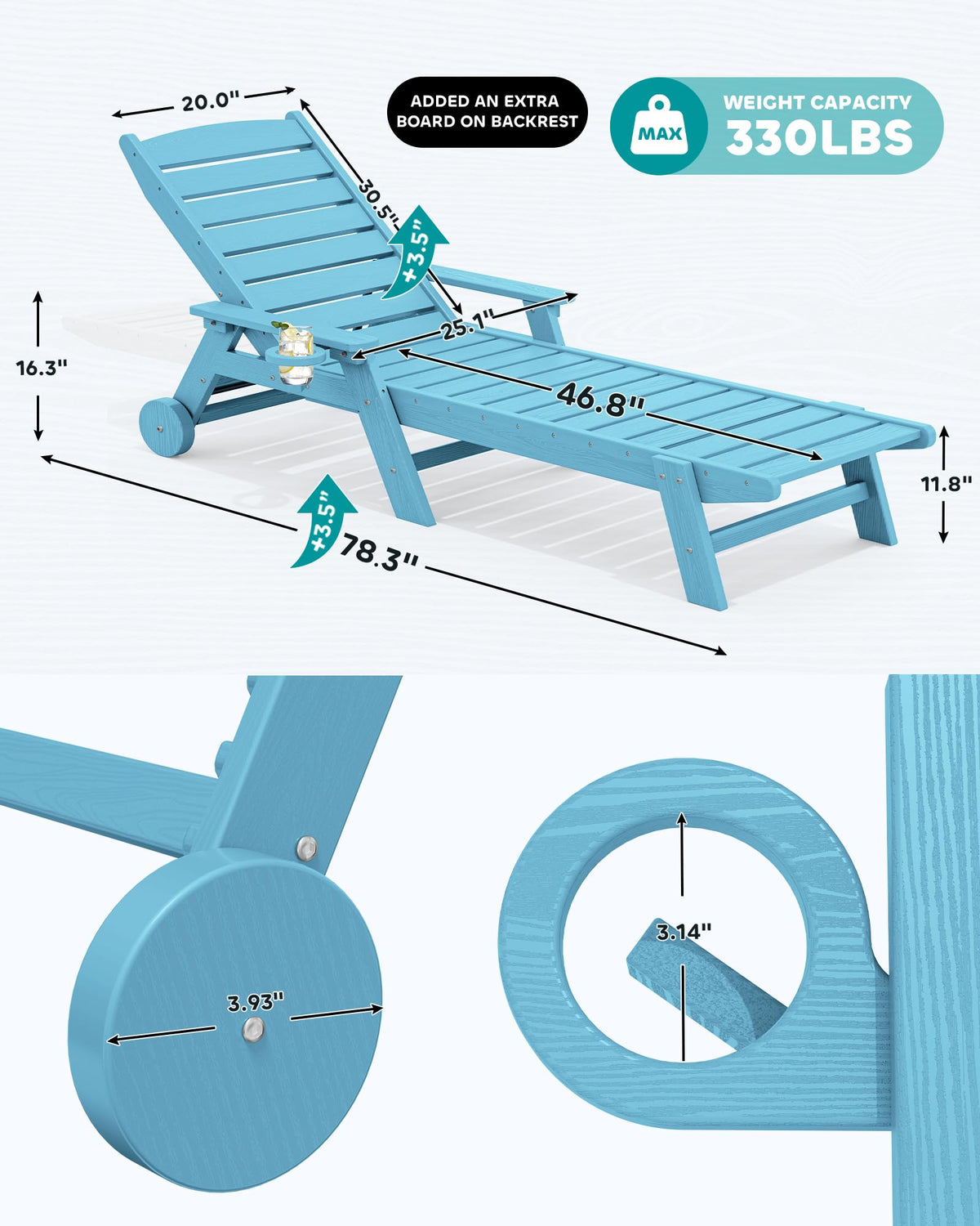 Light Blue Outdoor Lounge Chair Set of 2 with Cup Holder W542