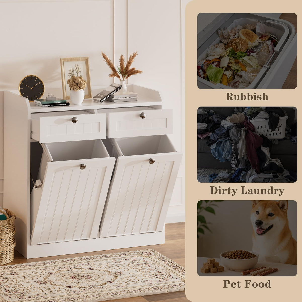 White 2 x 8 Gallon Double Tilt Out Trash Can Cabinet A6729