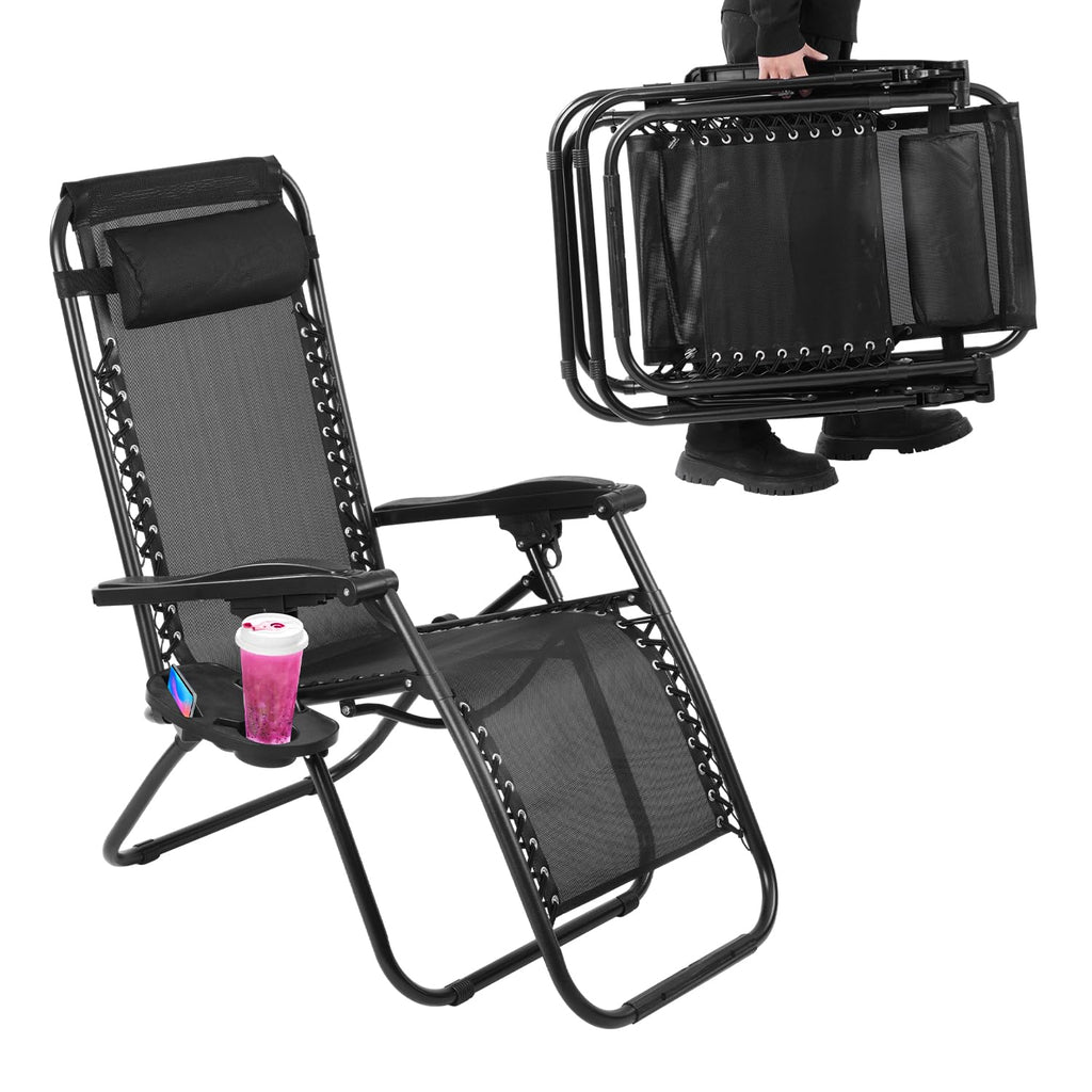 Black Adjustable Steel Mesh Zero Gravity Lounge Chair with Pillow and Cup Holder A685