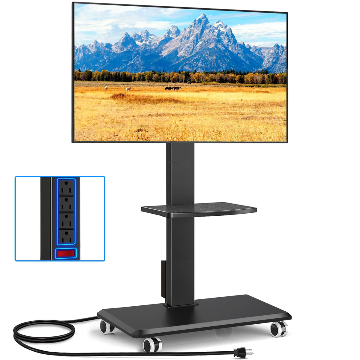 Black Mobile TV Stand 32-75 Inch with Power Outlet and Shelf X25934