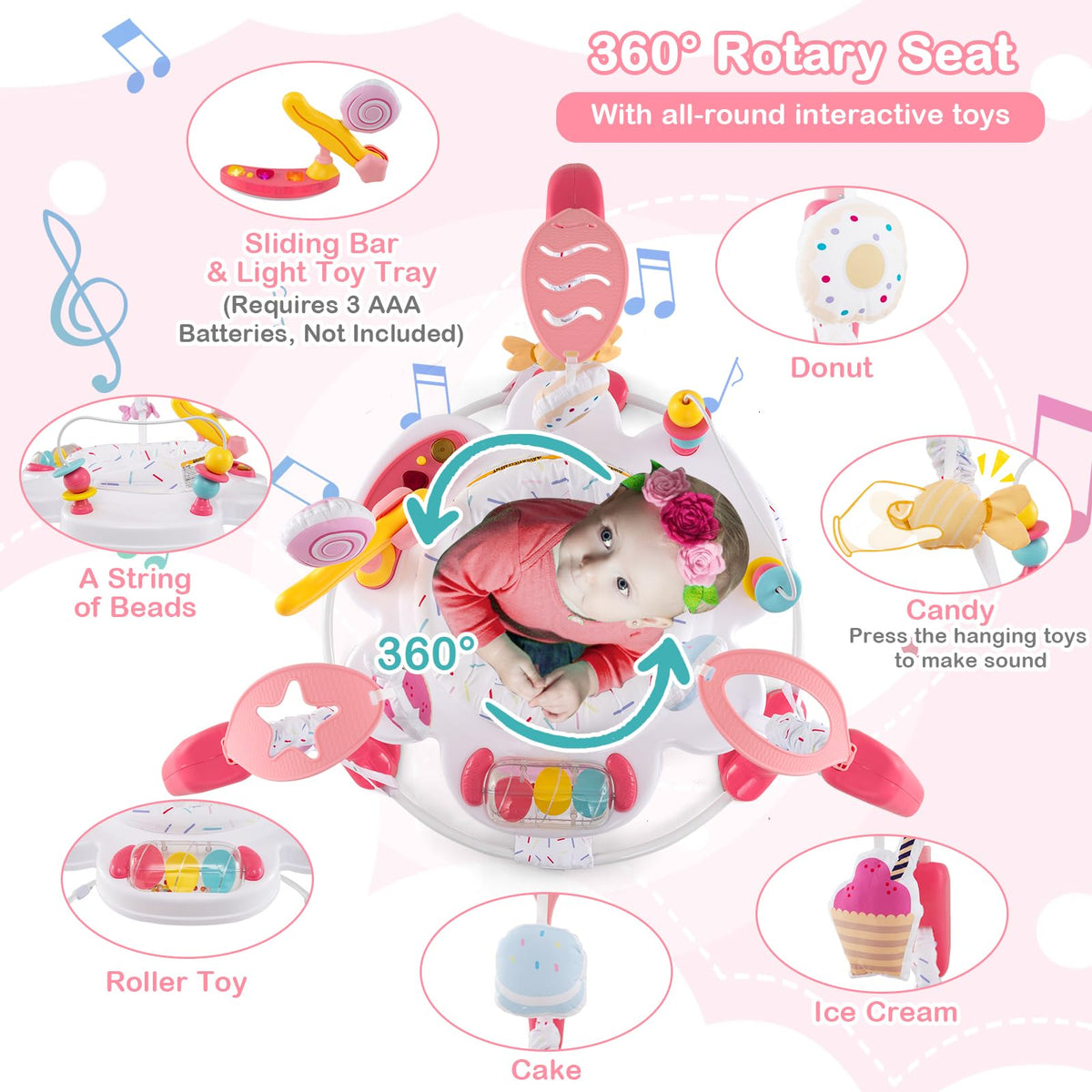Pink Baby Bouncer Activity Center with Music Lights and Sounds Y858014