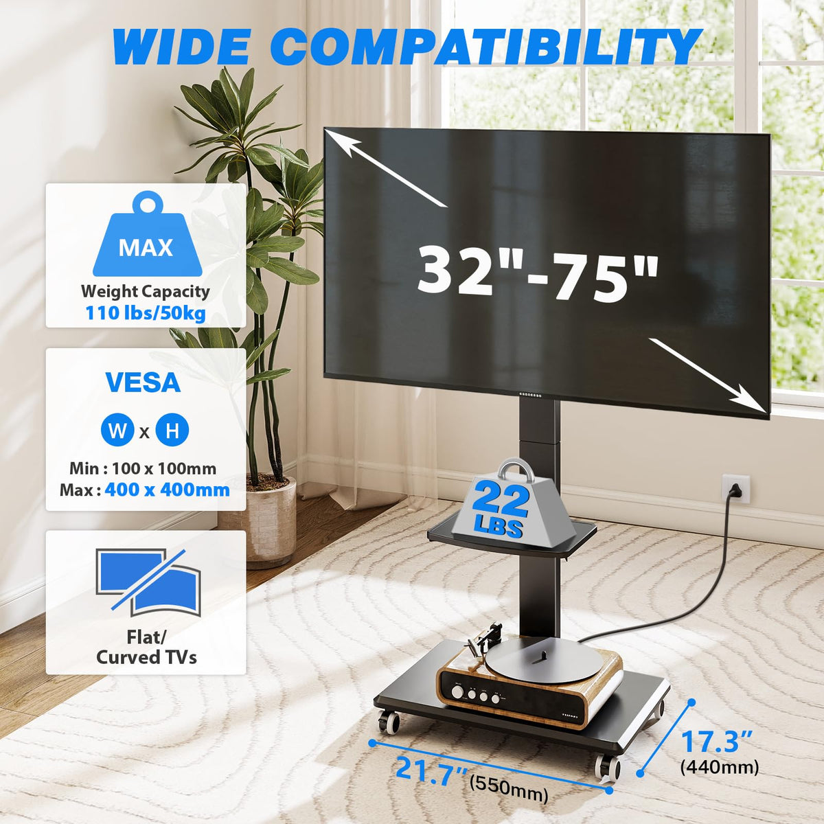 Black Mobile TV Stand 32-75 Inch with Power Outlet and Shelf X25934