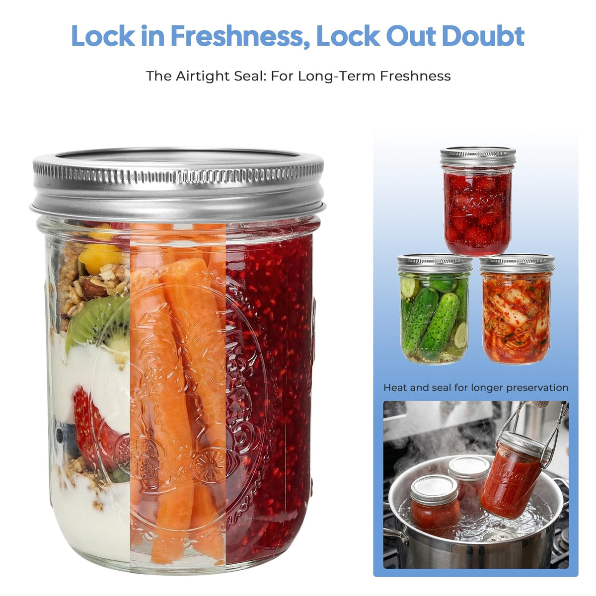16oz 6-Pack Wide Mouth Glass Mason Jars with Airtight Lids P90225