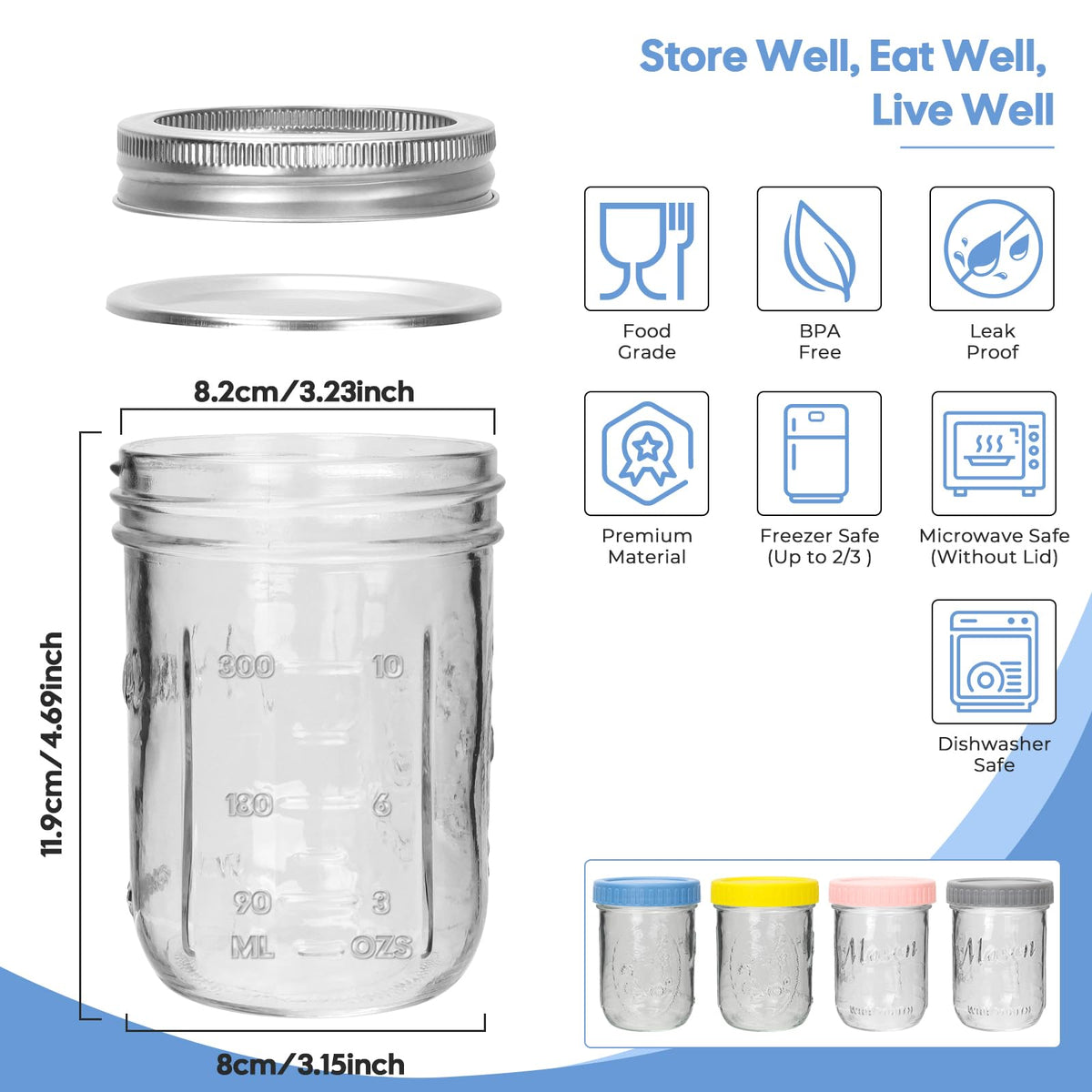 16oz 6-Pack Wide Mouth Glass Mason Jars with Airtight Lids P90225