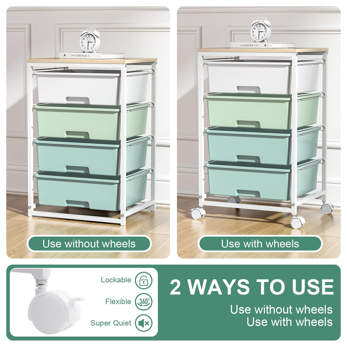 Rolling Cart with Drawers, 4-Drawer Utility Cart, Green V237601