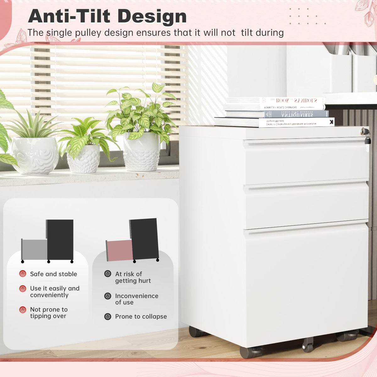White 3 Drawer Metal Rolling File Cabinet Y3449