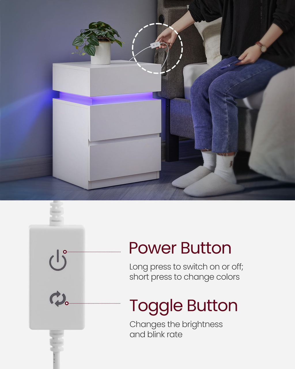 LED Nightstand with Charging Station, 3 Drawers F3586