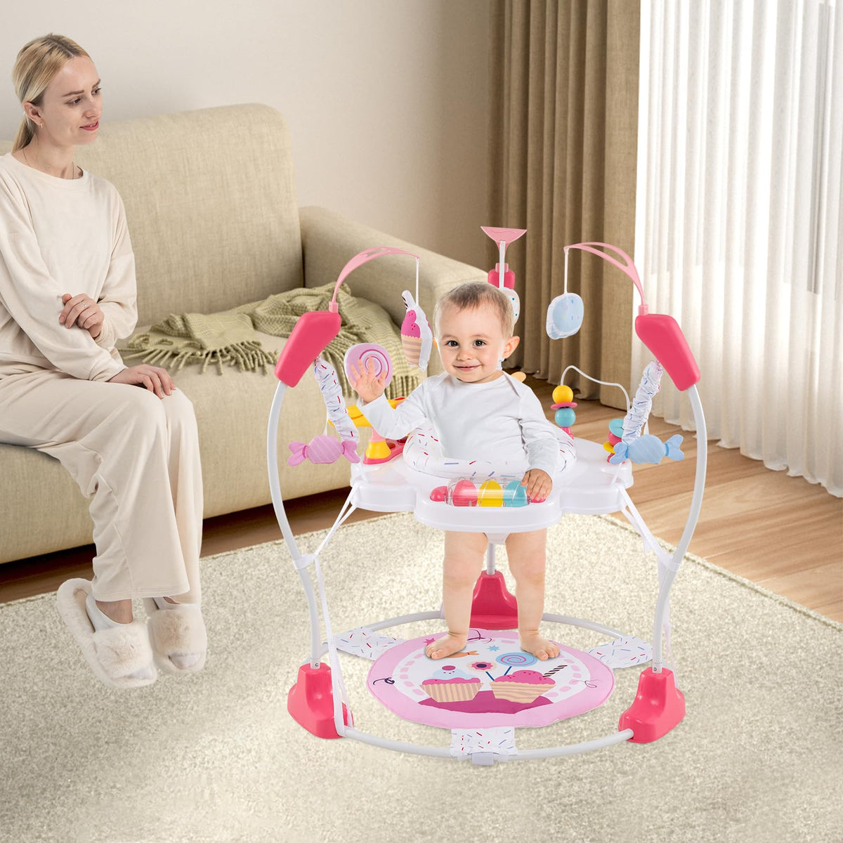 Pink Baby Bouncer Activity Center with Music Lights and Sounds Y858014