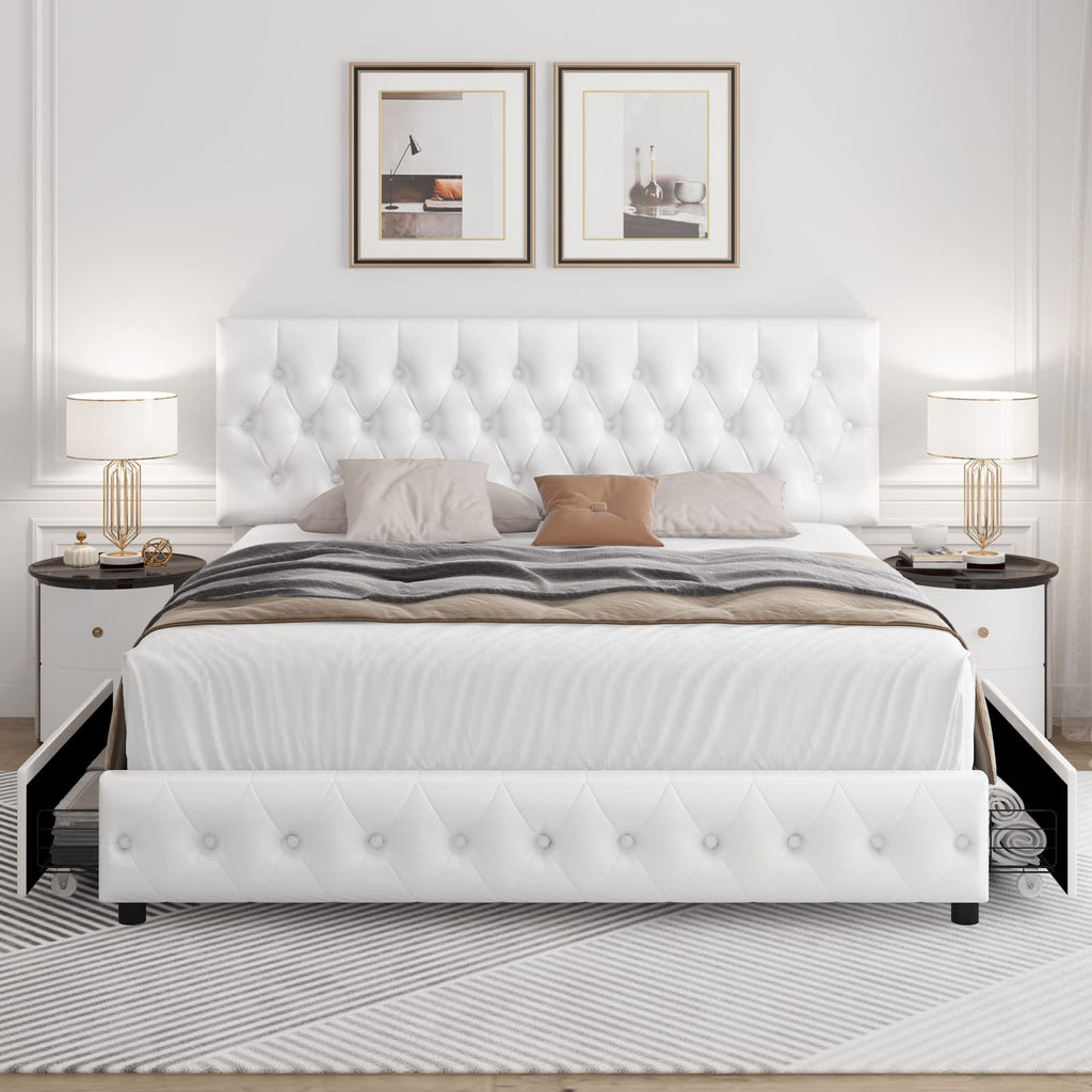 Full Size White Faux Leather Upholstered Platform Bed Frame with 4 Storage Drawers S627