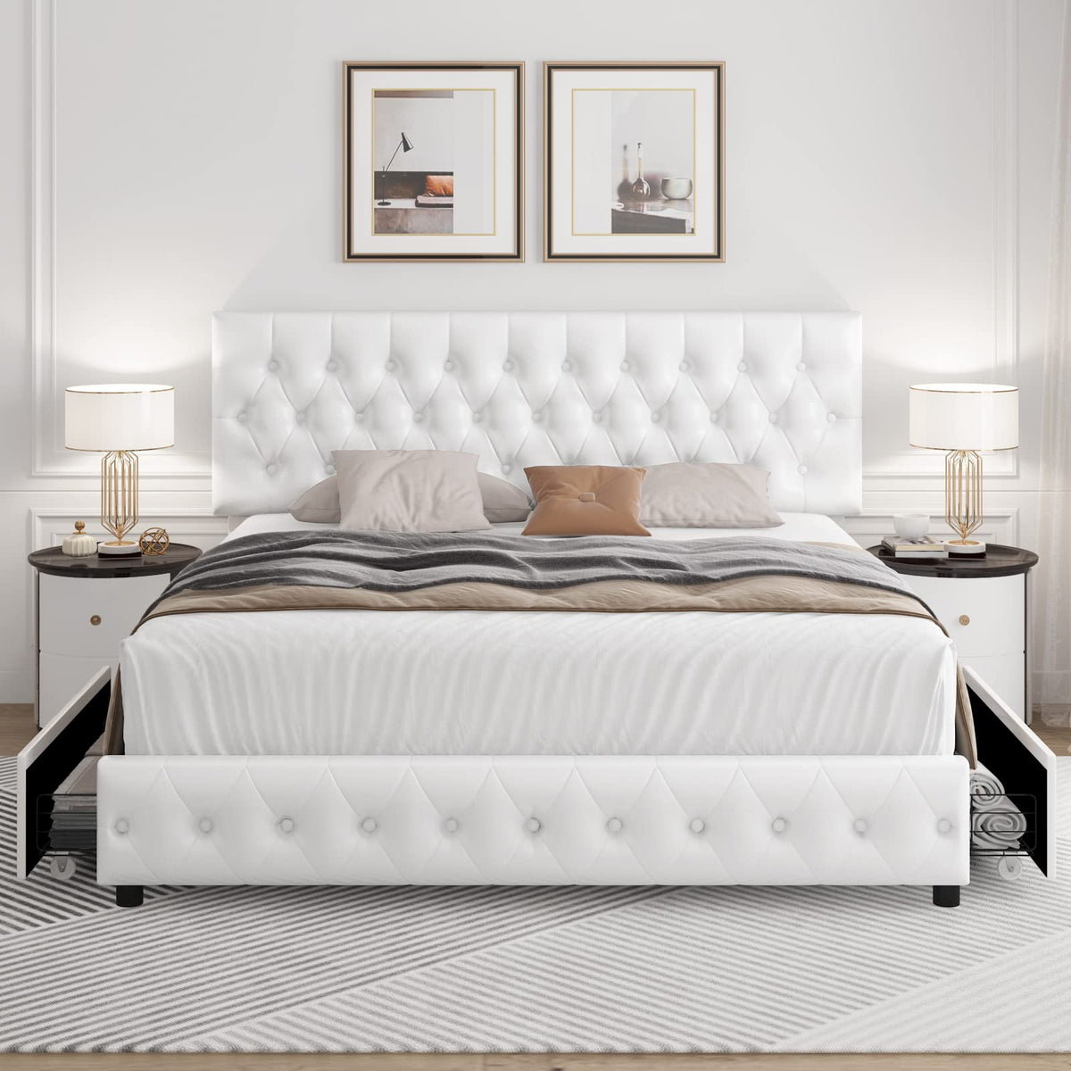 Full Size White Faux Leather Upholstered Platform Bed Frame with 4 Storage Drawers S627