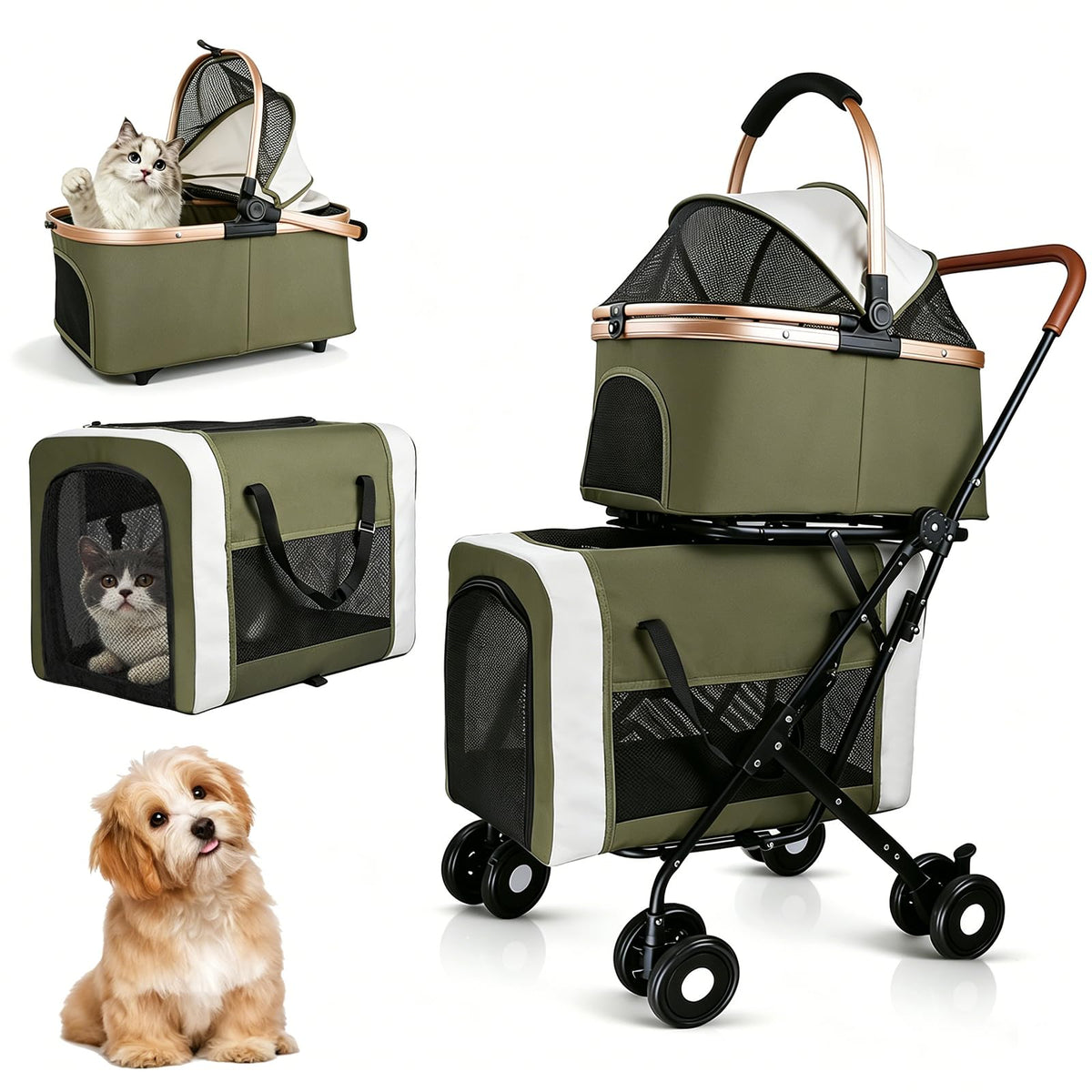 Foldable Double Pet Stroller with Detachable Carriers and 4 Lockable Wheels N8775