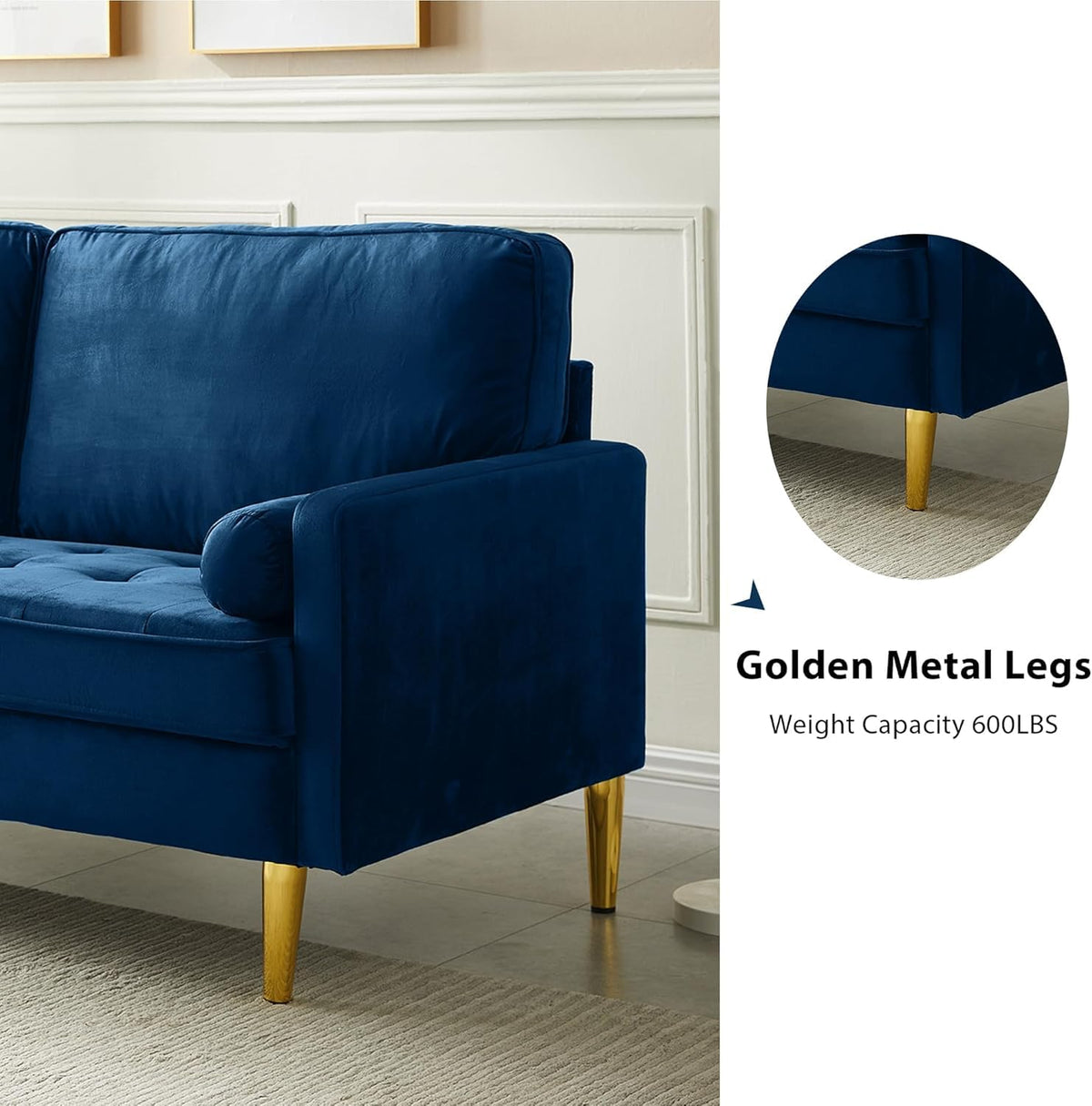 Navy Velvet 2-Seater Loveseat Sofa with Metal Legs Y460488