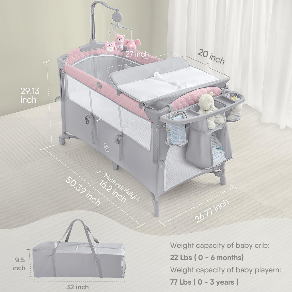 Pink Baby Bassinet Bedside Crib with Mattress T536184