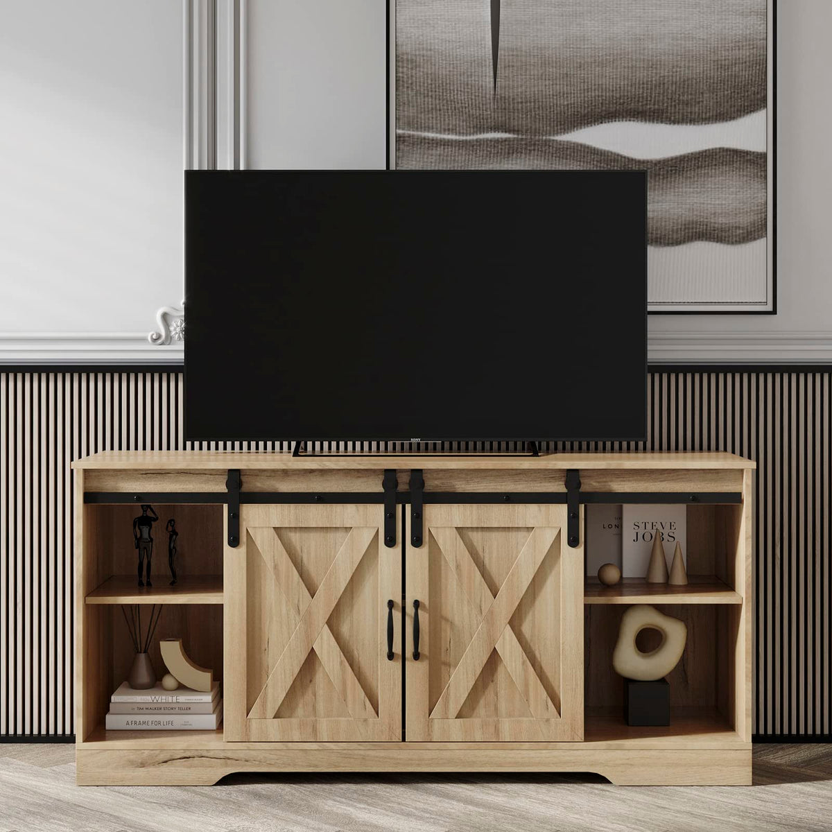 Farmhouse Wood TV Stand with Sliding Barn Door and Storage Cabinet Y69069