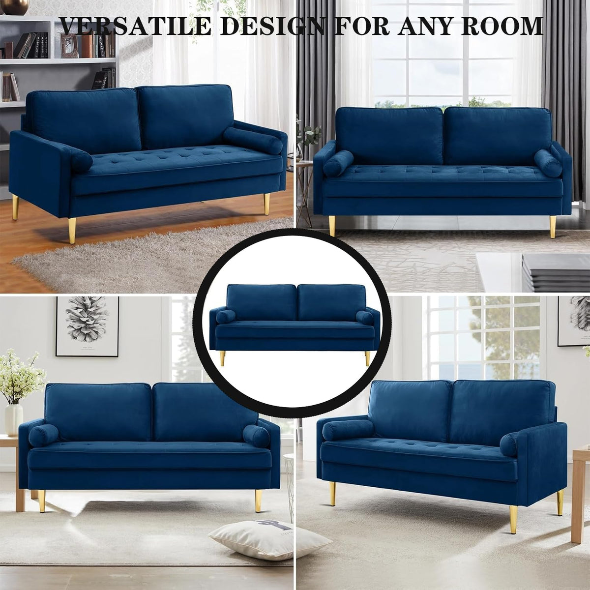 Navy Velvet 2-Seater Loveseat Sofa with Metal Legs Y460488