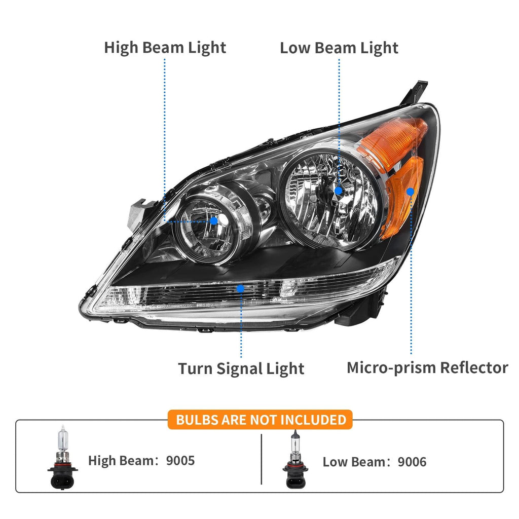 2008-2010 Honda Odyssey Headlights Assembly Black Housing Amber Reflector Driver Passenger Side V524