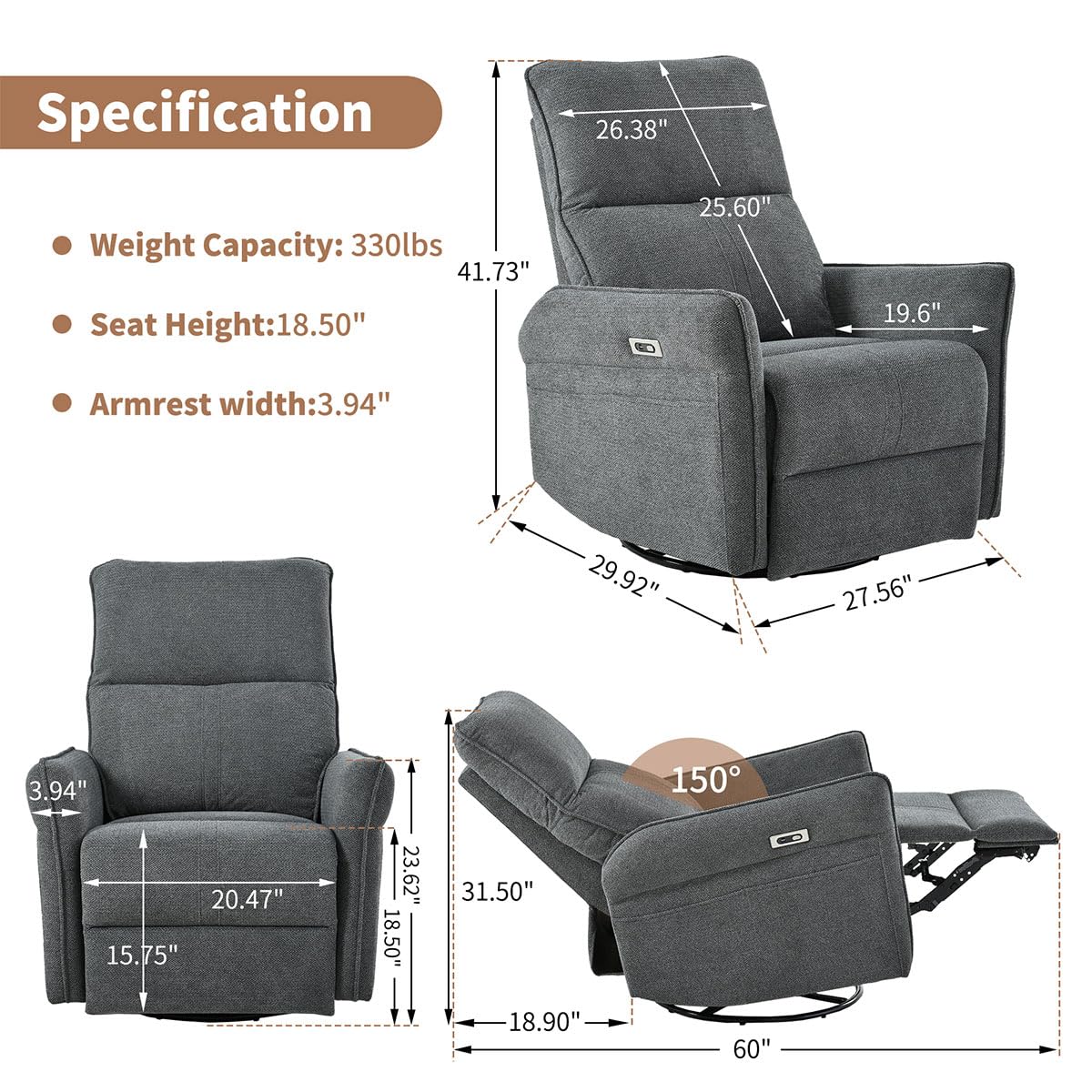 Power Swivel Rocker Recliner Chair with USB, Dark Gray F5795