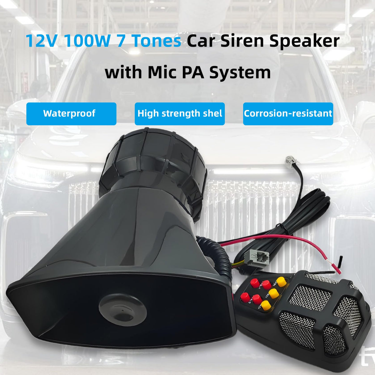 12V 100W 7 Tone Car Siren Horn Speaker with Microphone X2830
