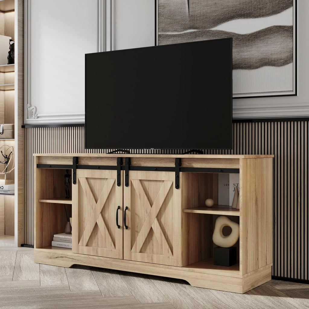 Farmhouse Wood TV Stand with Sliding Barn Door and Storage Cabinet Y69069