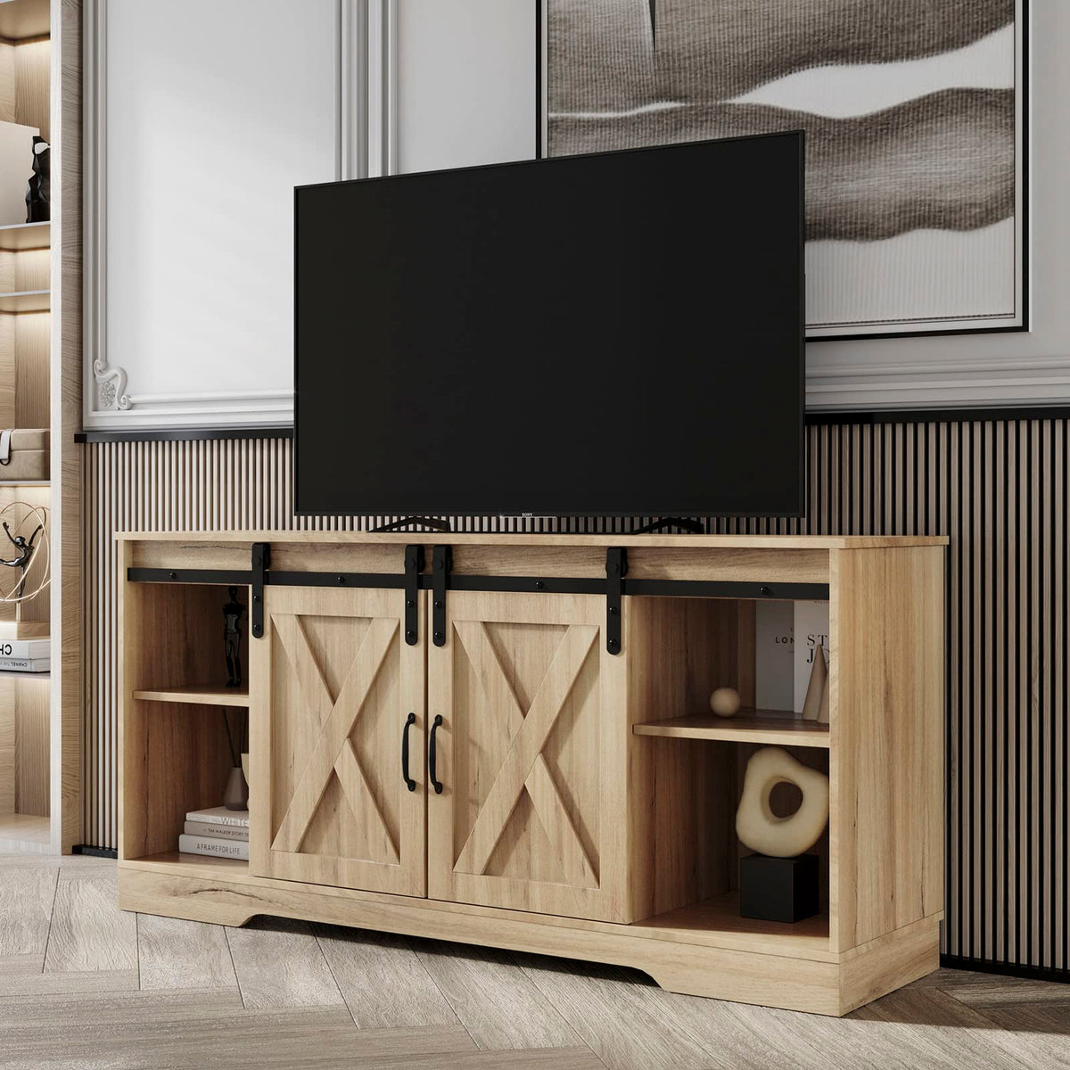 Farmhouse Wood TV Stand with Sliding Barn Door and Storage Cabinet Y69069