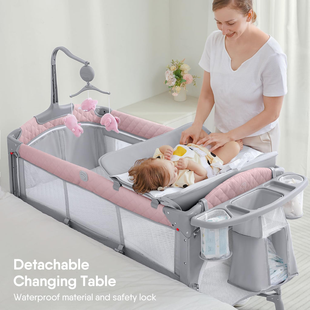 Pink Baby Bassinet Bedside Crib with Mattress T536184