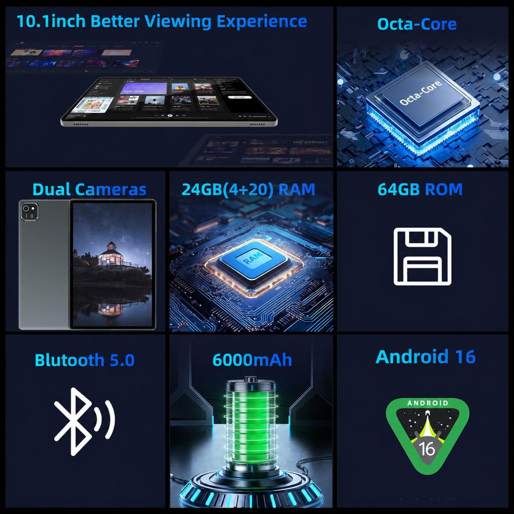 Android 16 Tablet 10 inch Octa Core CPU Black L316