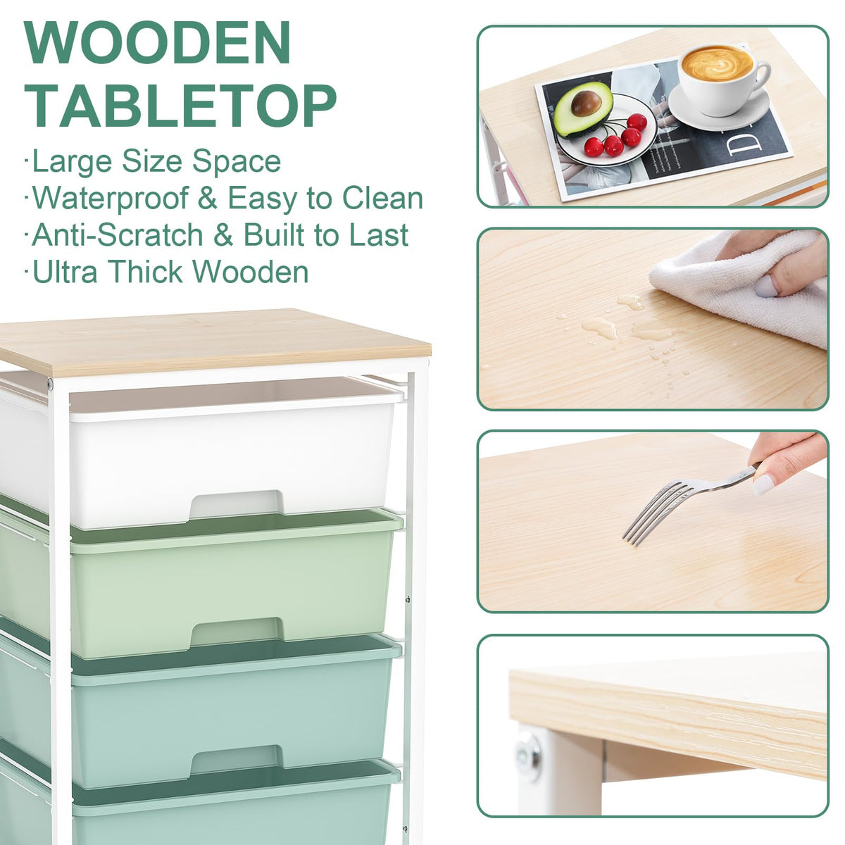 Rolling Cart with Drawers, 4-Drawer Utility Cart, Green V237601