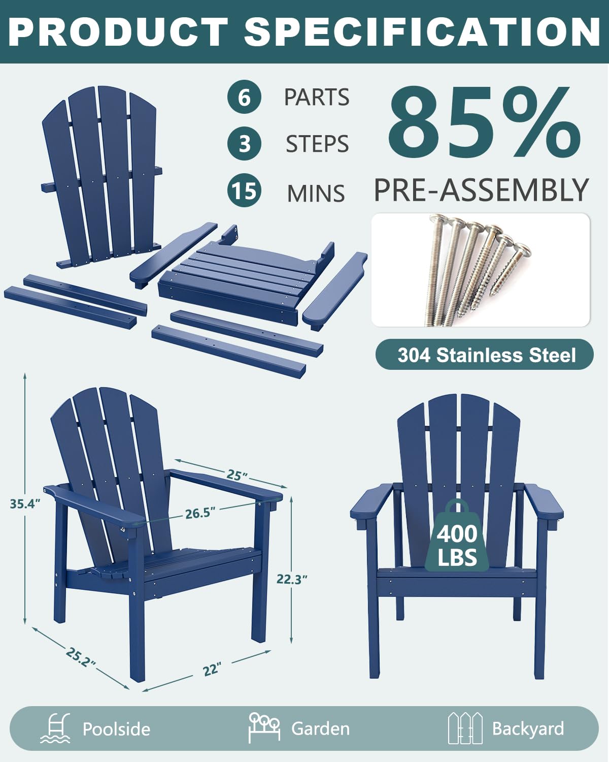 Navy Blue HDPE Adirondack Chair Set of 8 U5144