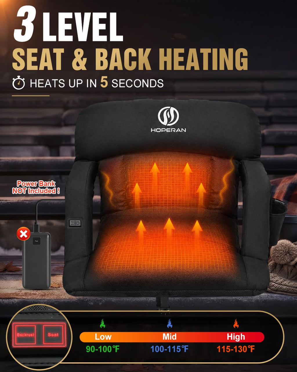 25" Heated Stadium Seats for Bleachers, 4.3" Extra Thick, Black 2PC E4183