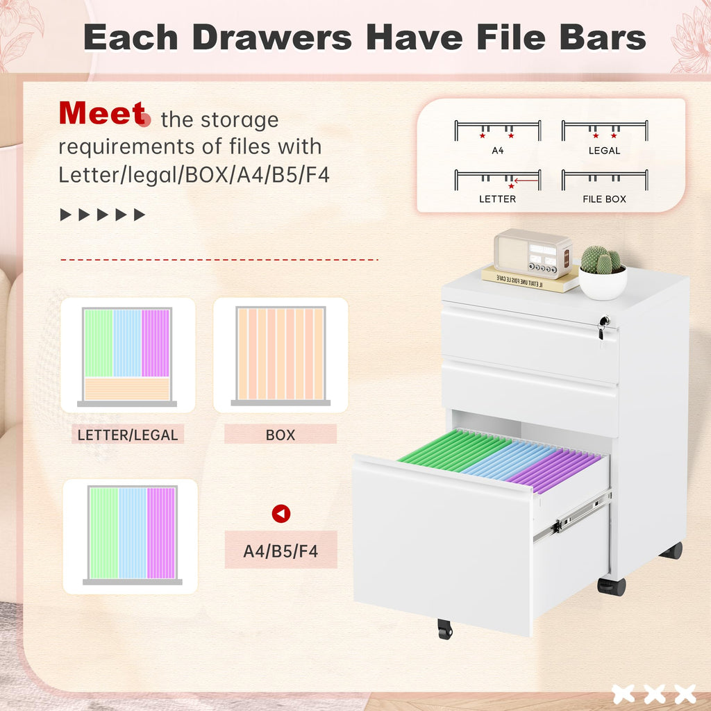 White 3 Drawer Metal Rolling File Cabinet Y3449