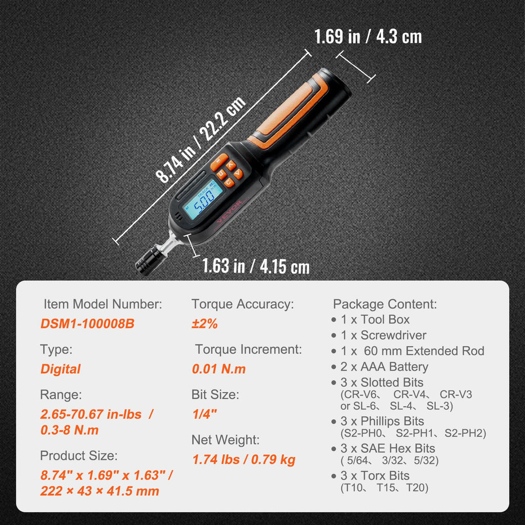 1/4" Drive Digital Torque Screwdriver with LCD, Bits & Case E23719
